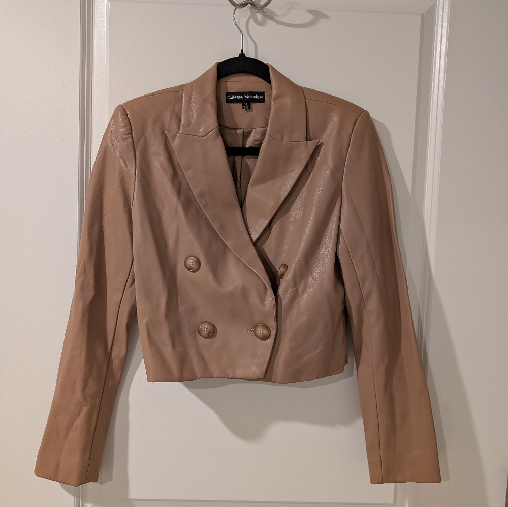 NEW Catherine Malandrino Faux Leather Cropped Blazer Jacket Size XS Toffee Tan - Picture 2 of 10